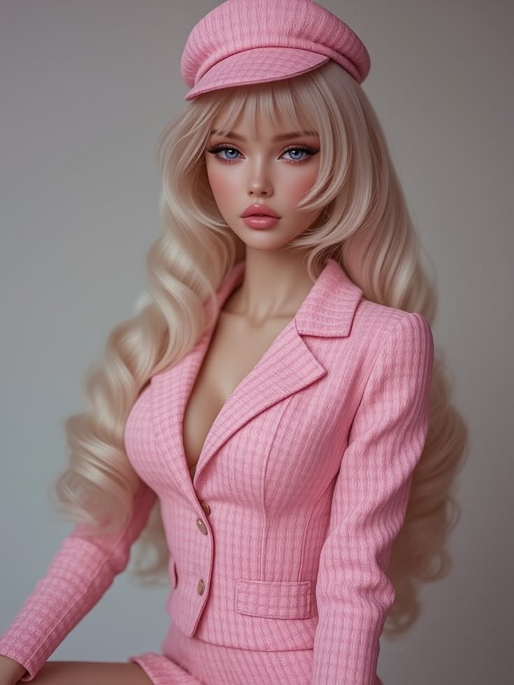 A photorealistic portrait of a young woman with long blonde wavy hair, wearing a pink suit and a matching cap, with striking blue eyes and full makeup.