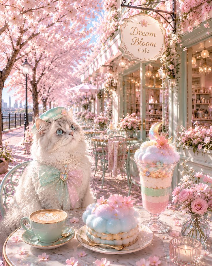 A fluffy white cat with blue eyes sits at a table outside a charming cafe decorated with cherry blossoms, looking up expectantly. A latte, a delicate cake, and a colorful dessert are arranged on the table.