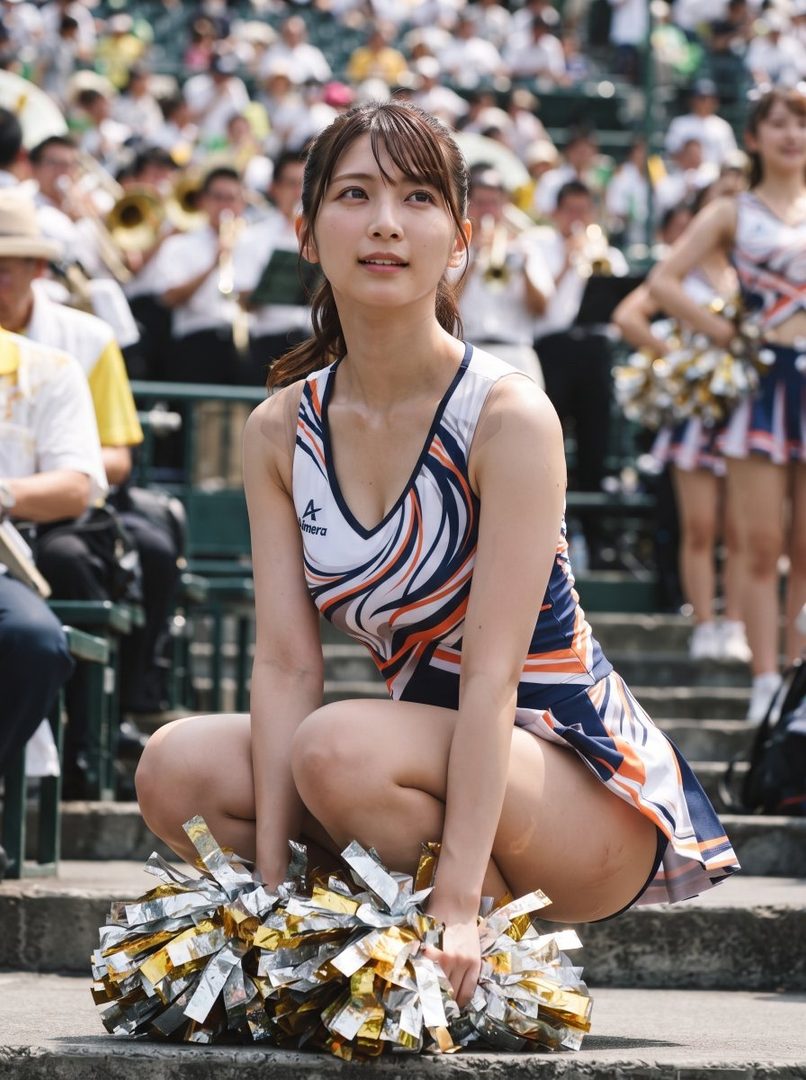 A young woman in a cheerleader uniform crouches with pom-poms, looking up with a bright expression.