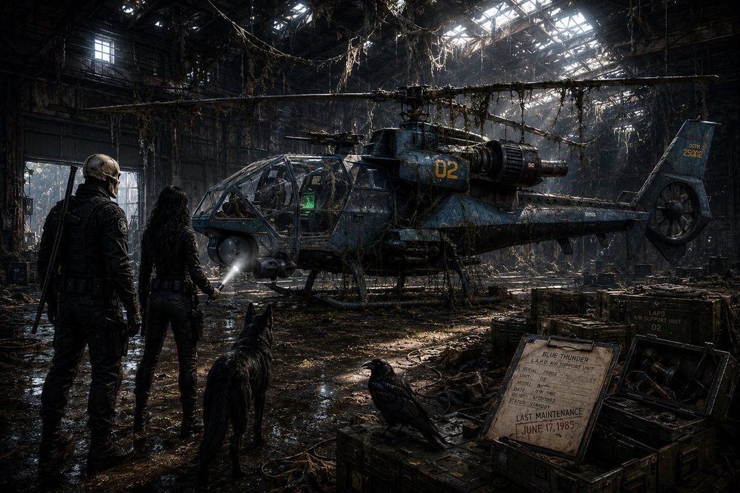 Two figures and a wolf stand in a dark, overgrown hangar, looking at a dilapidated helicopter. A crow perches on a crate with a maintenance log.