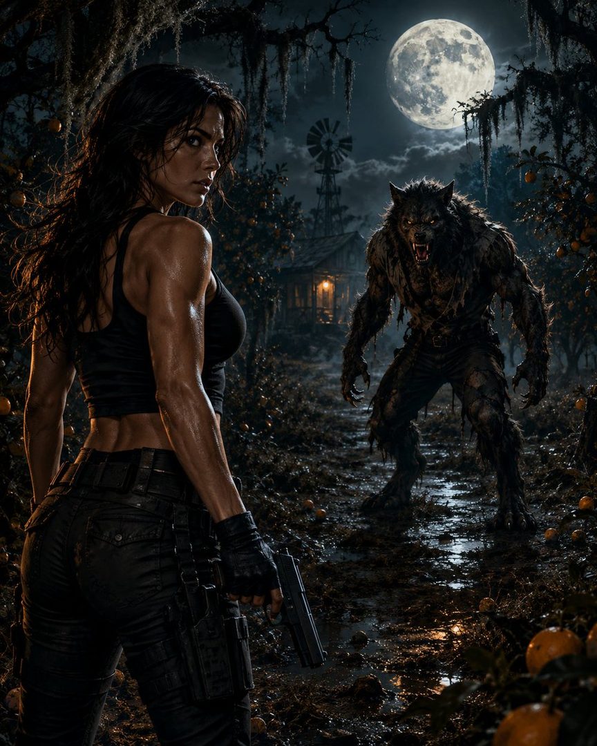 A woman with a gun faces a werewolf under a full moon in a dark, eerie landscape.