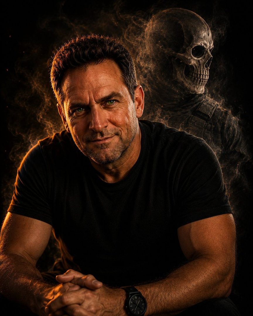 A man with green eyes and short brown hair, wearing a black t-shirt, poses in front of a smoky background with a skull apparition.