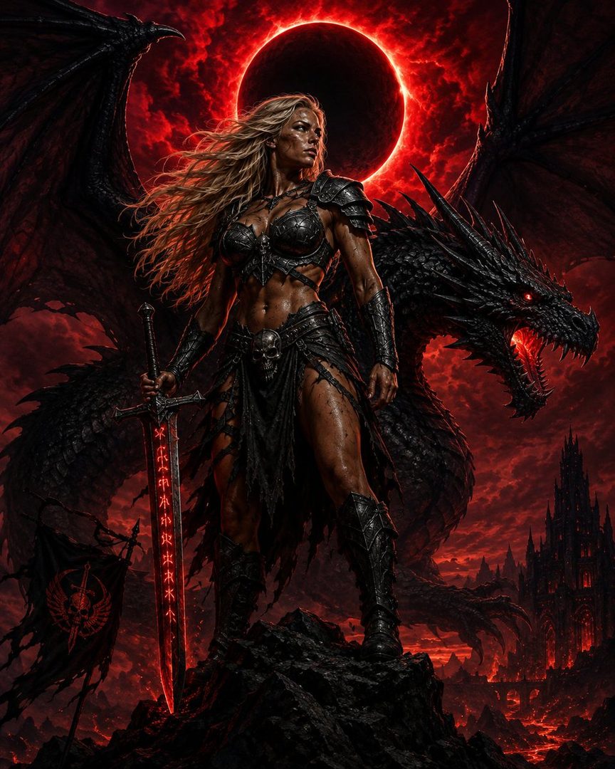 A powerful warrior woman with blonde hair stands beside a dragon, holding a glowing sword, under a red eclipse.