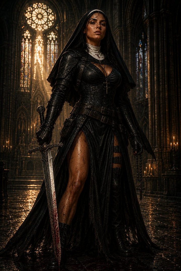 A photorealistic portrait of a woman dressed as a warrior nun, holding a bloody sword and rosary in a gothic cathedral.