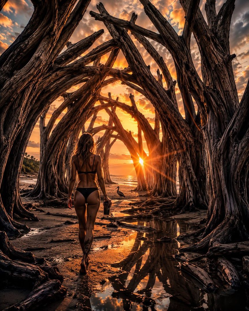 A woman in a bikini walks along a beach at sunset, framed by gnarled trees.
