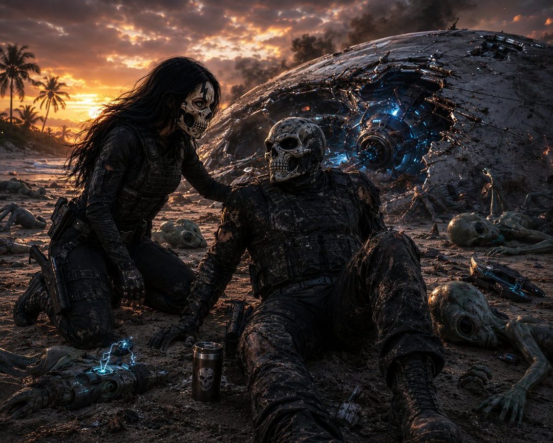 Two figures in skull masks and tactical gear sit on a beach near a crashed UFO, with alien bodies scattered around them.