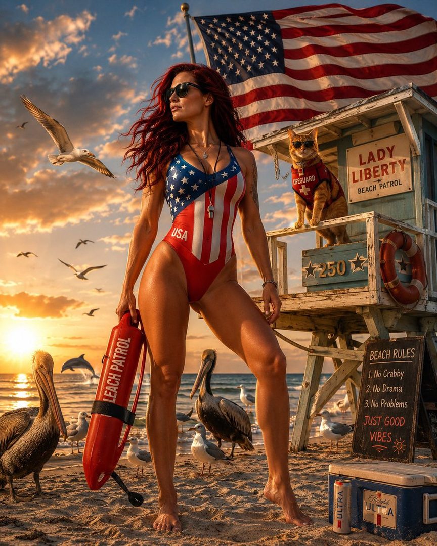 A woman in a USA-themed swimsuit stands on a beach with a lifeguard buoy, a lifeguard tower, and a cat in the background.