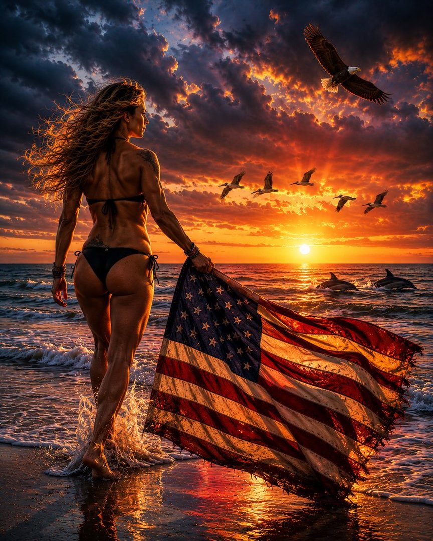 A muscular woman in a bikini stands on a beach at sunset, holding an American flag.