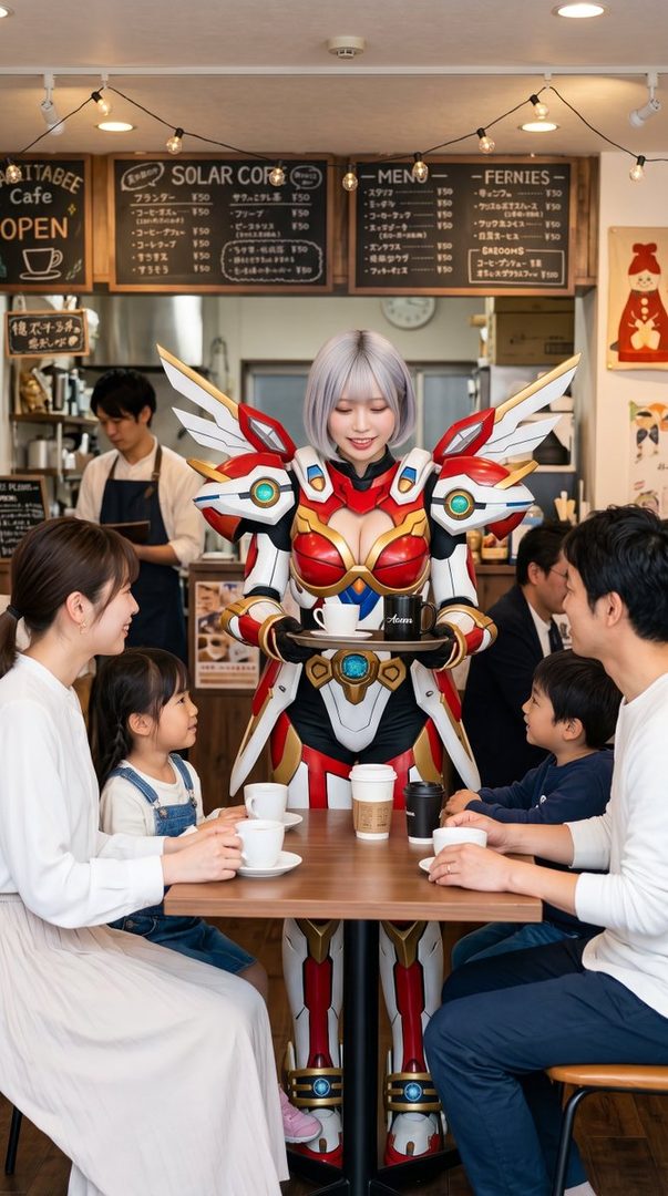 A woman in a futuristic, armored cosplay costume serves coffee in a cafe to a family.