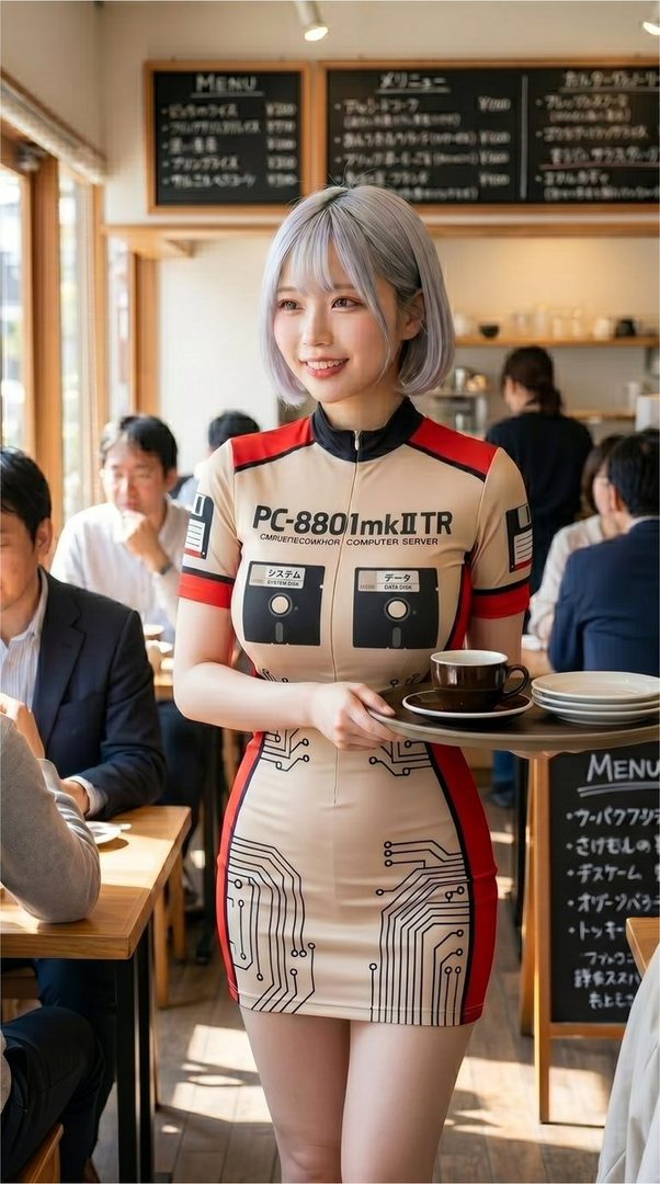 A young woman with short silver hair, wearing a retro computer-themed outfit, serves coffee in a cafe.