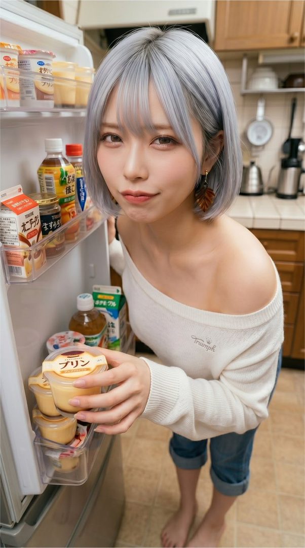 A young woman with short silver hair and bangs, wearing an off-the-shoulder white sweater and denim shorts, reaches into a refrigerator for a cup of pudding.