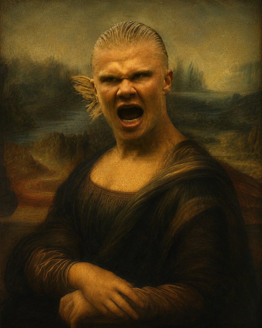 A photorealistic portrait of a man with a fierce expression, superimposed onto the Mona Lisa painting.