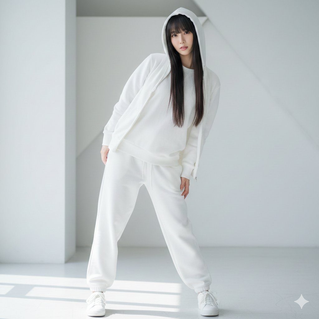 A young woman with long black hair and bangs, wearing a white hooded sweatshirt and sweatpants, posing in a bright indoor studio.
