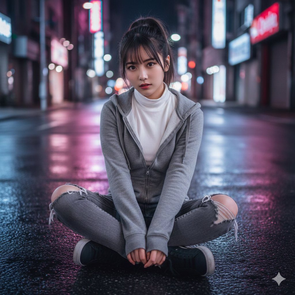 A young woman with her hair in a ponytail sits cross-legged on a wet city street at night, wearing a grey hoodie and ripped jeans.