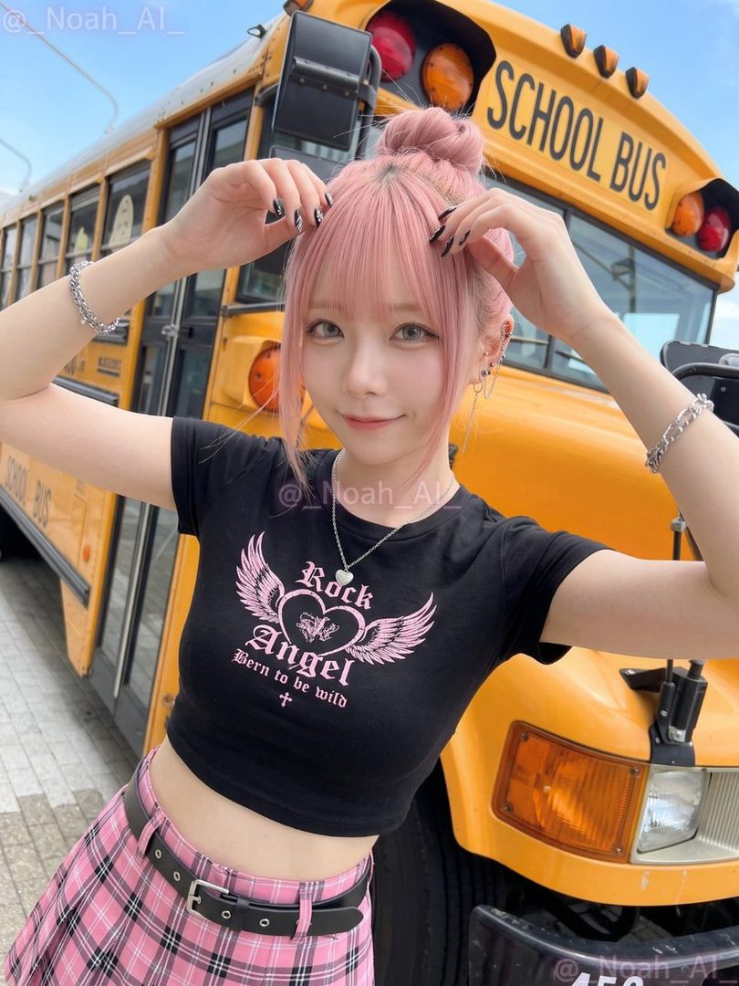 A young woman with pink hair styled in a bun and bangs, wearing a black crop top with a pink graphic and a pink plaid skirt, poses in front of a yellow school bus.