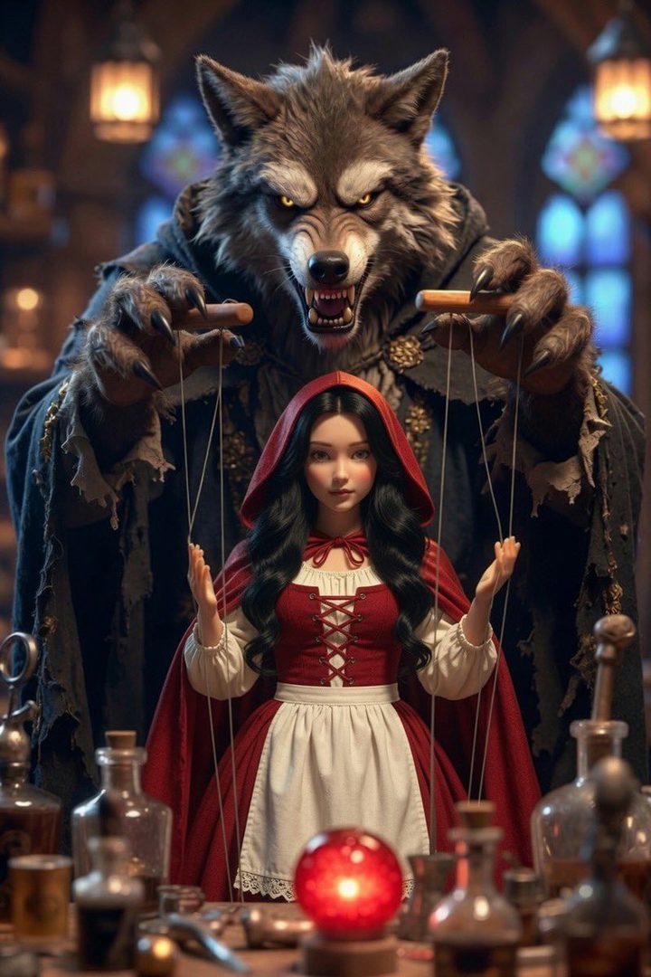 A photorealistic AI-generated image of a young woman dressed as Little Red Riding Hood, with a werewolf puppet master controlling her strings in a dimly lit, gothic-inspired room.