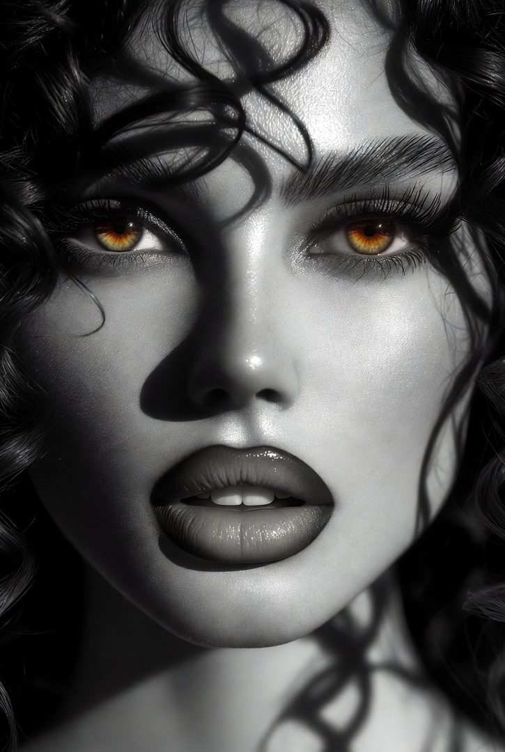 Close-up portrait of a woman with striking amber eyes, dark curly hair, and bold red lips, rendered in a dramatic black and white style with dramatic lighting.