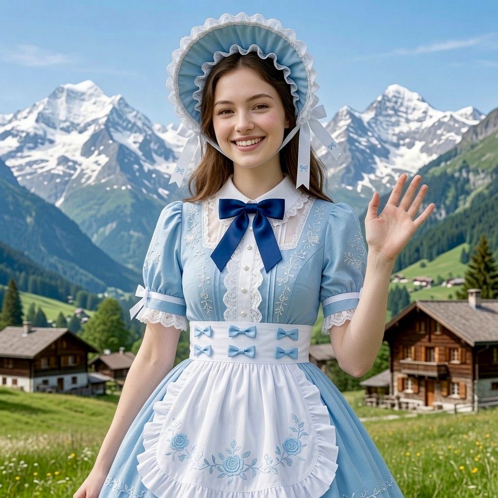A young woman in a blue and white lolita dress and bonnet smiles and waves in a scenic mountain landscape with traditional chalets.