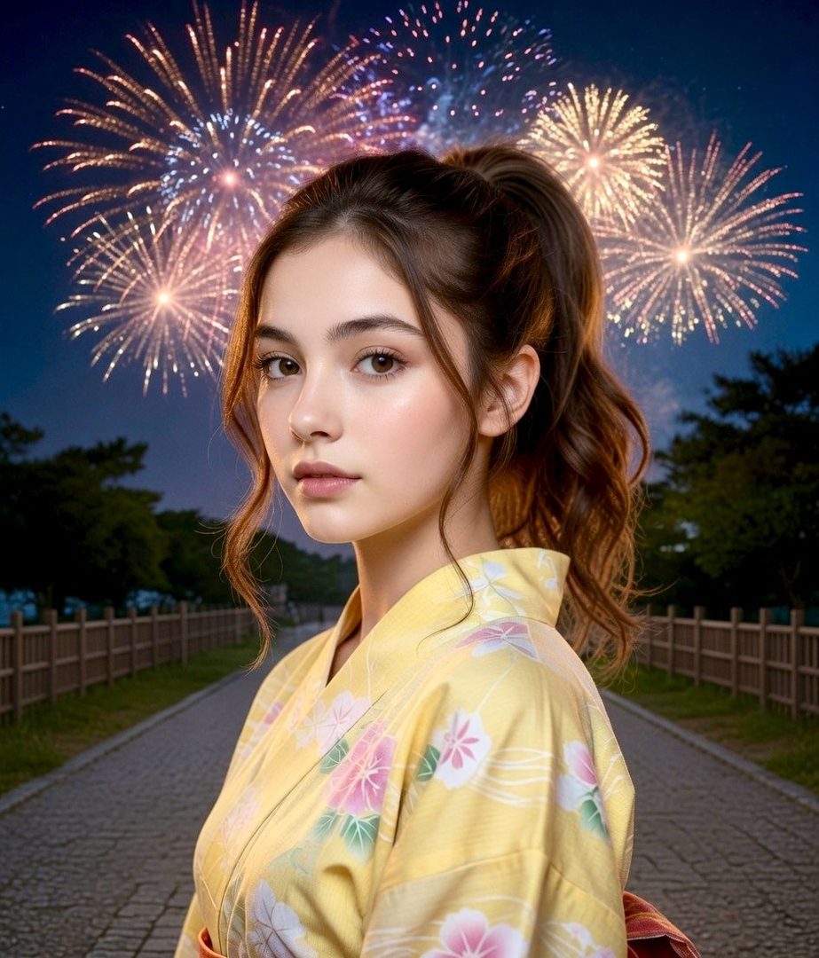 A young woman with brown hair in a ponytail, wearing a yellow yukata with floral patterns, stands outdoors at night with fireworks in the background.