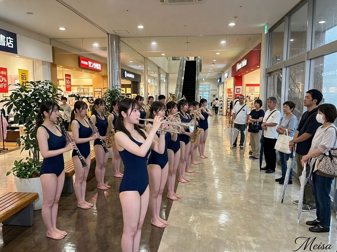 A group of young women in navy blue swimsuits play brass instruments in a shopping mall, with an audience watching.