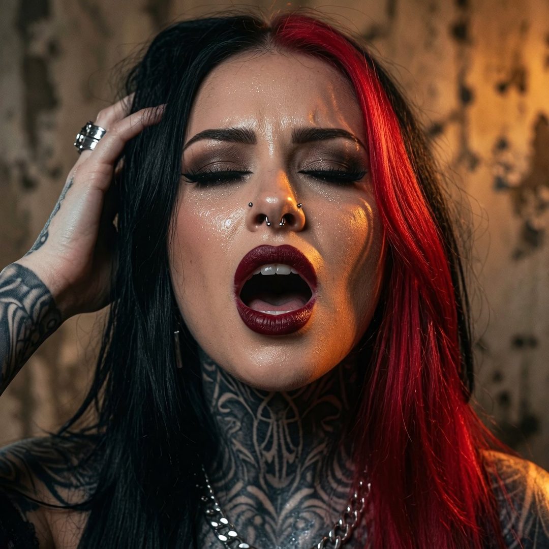 A tattooed woman with black and red hair, wearing dark lipstick and nose piercings, with her eyes closed and mouth open.