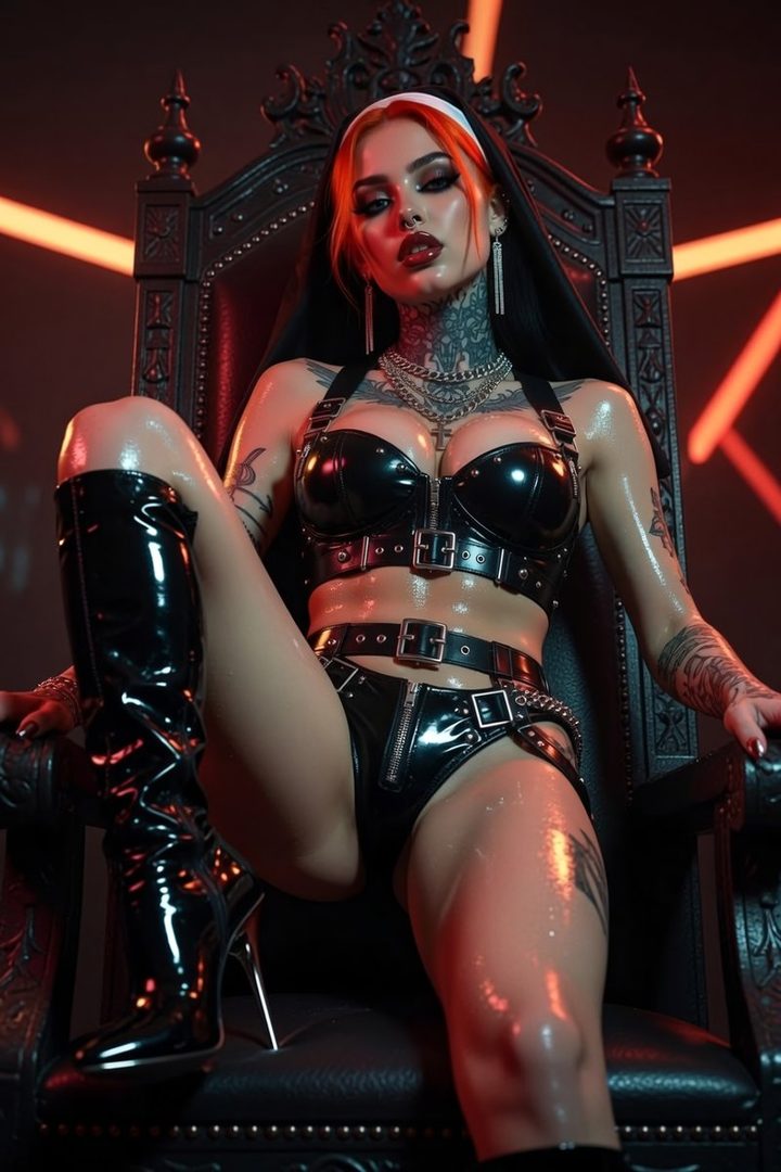 A tattooed woman in a black latex nun outfit sits on a throne, posing suggestively.