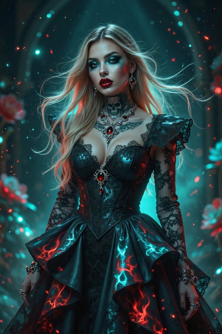 A blonde woman with striking makeup and tattoos, wearing a black gothic-style dress with red and blue glowing accents, posing in a dimly lit, magical environment.