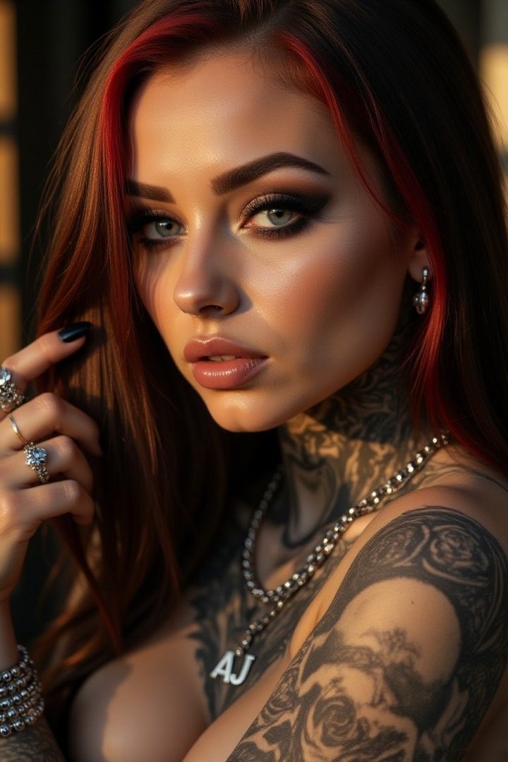 A tattooed woman with striking makeup and red-streaked brown hair poses provocatively, looking directly at the camera.