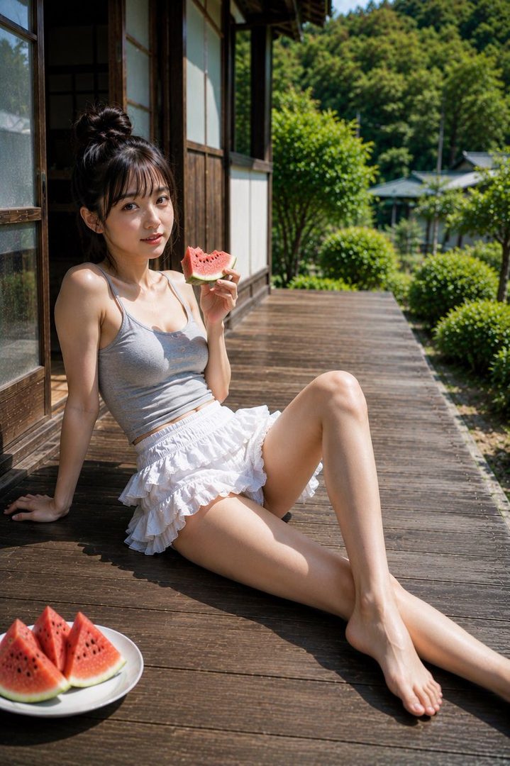 A young woman with dark hair in a bun sits on a wooden porch, eating a slice of watermelon, with a traditional Japanese house and garden in the background.