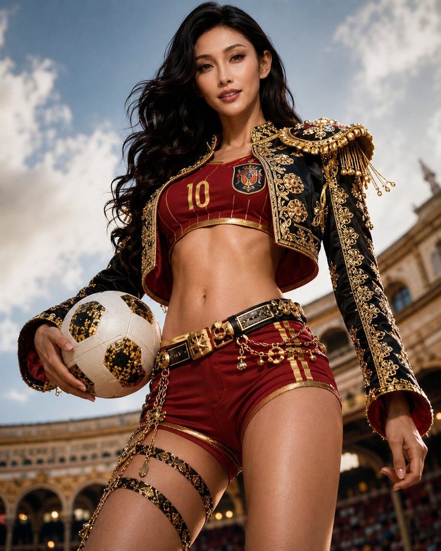 A woman in a stylized Spanish football-themed outfit, holding a soccer ball, posing in a stadium.