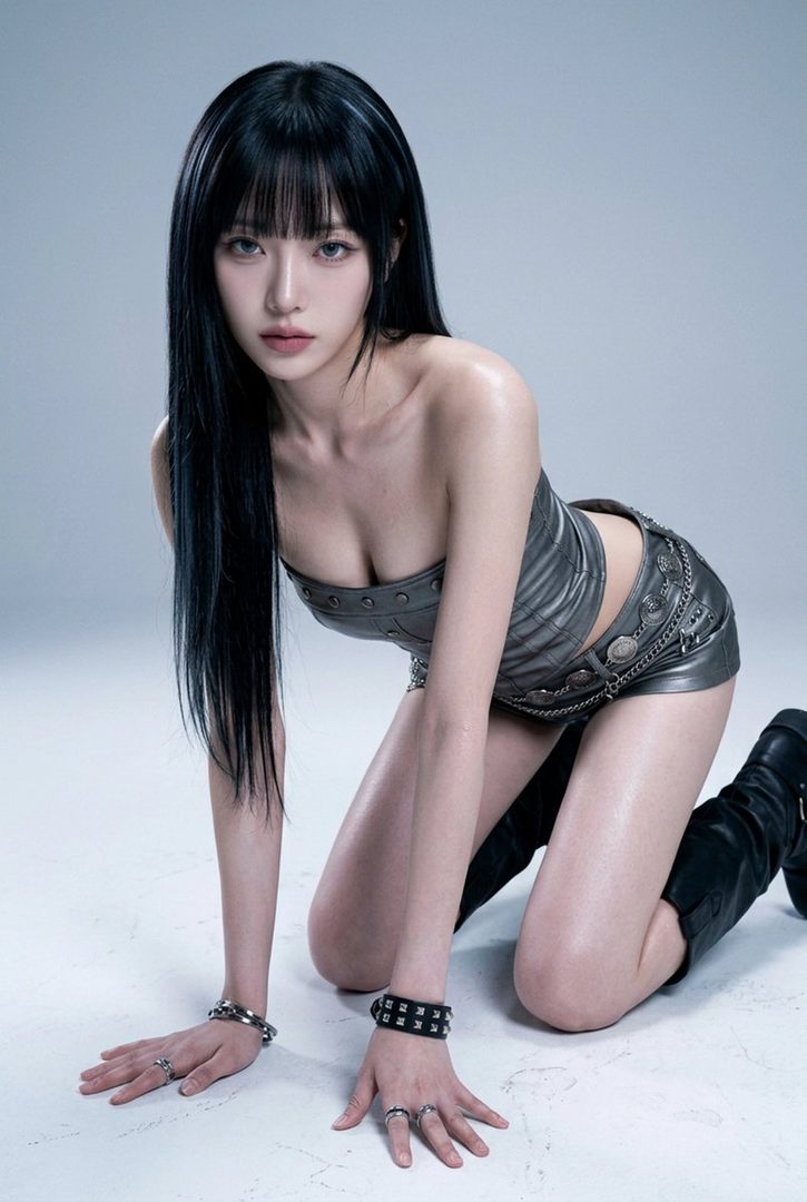 A young woman with long black hair and bangs, wearing a metallic tube top and short skirt, poses on her knees in a studio setting.