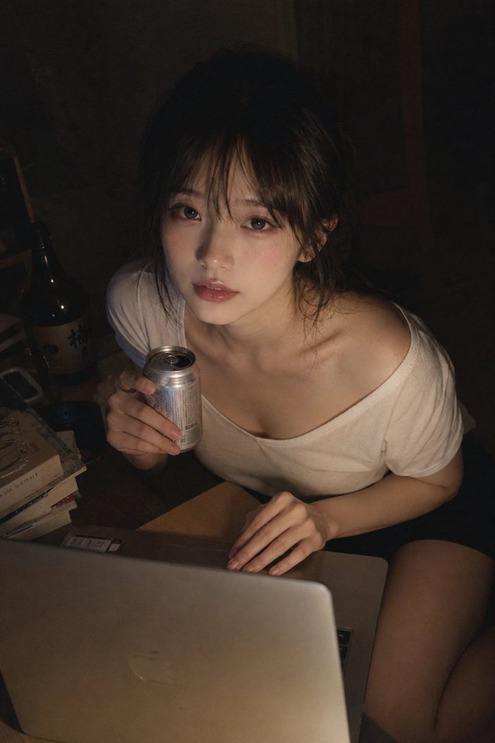 A young East Asian woman with dark hair and bangs, wearing a loose white top, sits in a dimly lit room with a laptop and a drink can, looking up at the camera with a dreamy expression.