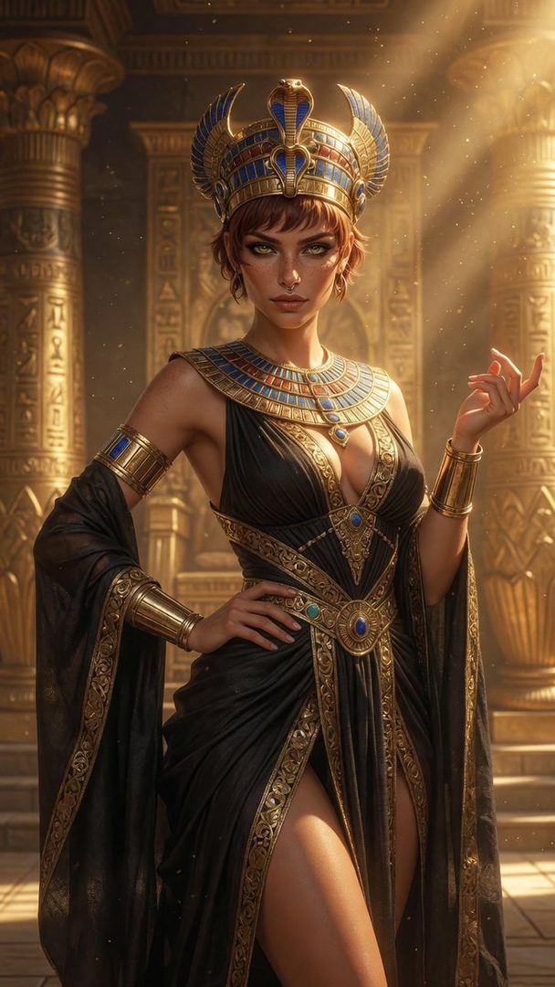 A photorealistic portrait of a woman dressed as an ancient Egyptian queen, wearing a golden headdress and a black, gold-trimmed dress, standing in a temple.