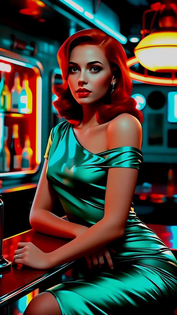 A woman with vibrant red hair and a green dress sits at a bar with neon lights in the background.
