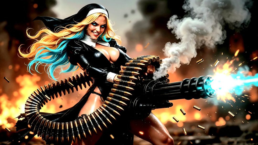 A blonde woman with blue streaks in her hair, dressed as a nun, firing a minigun in a fiery, smoky battlefield.