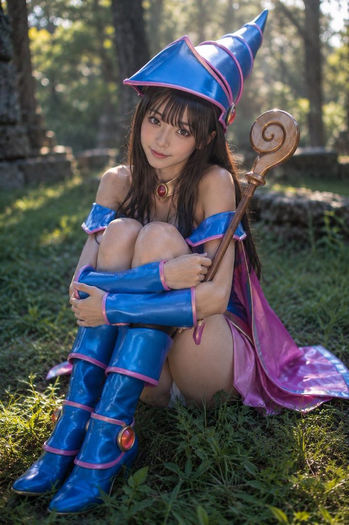 A woman cosplaying as Dark Magician Girl from Yu-Gi-Oh! sits on the grass in a blue and pink costume, holding a staff.
