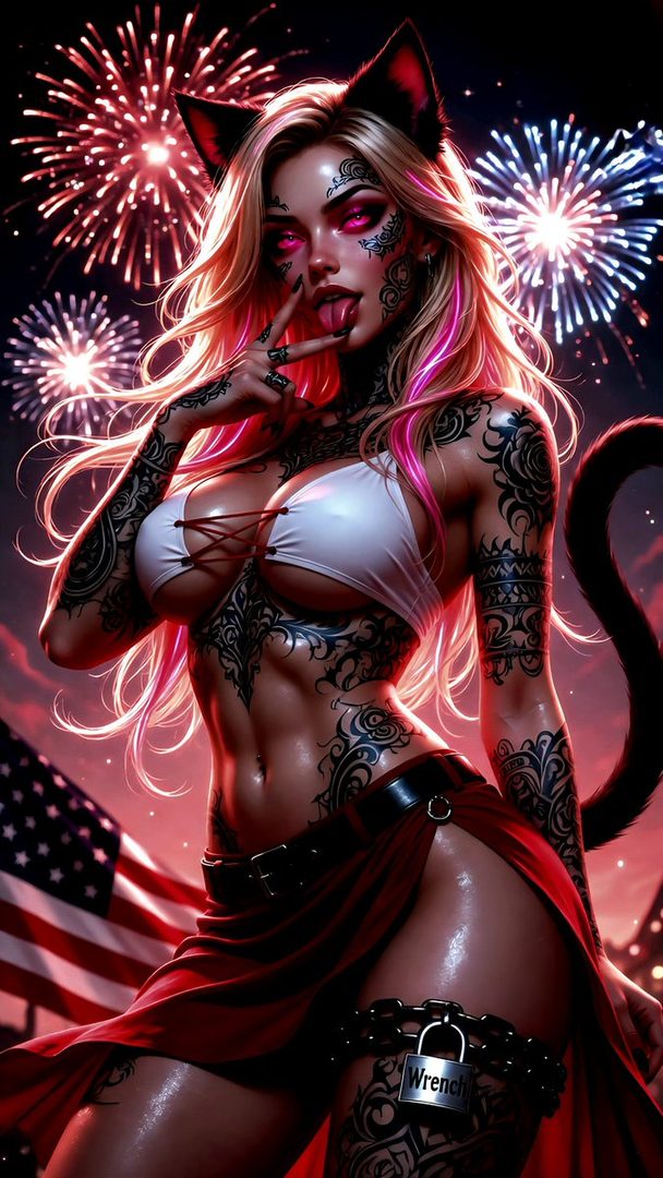 A tattooed woman with cat ears and pink-streaked blonde hair poses suggestively in front of fireworks and an American flag.