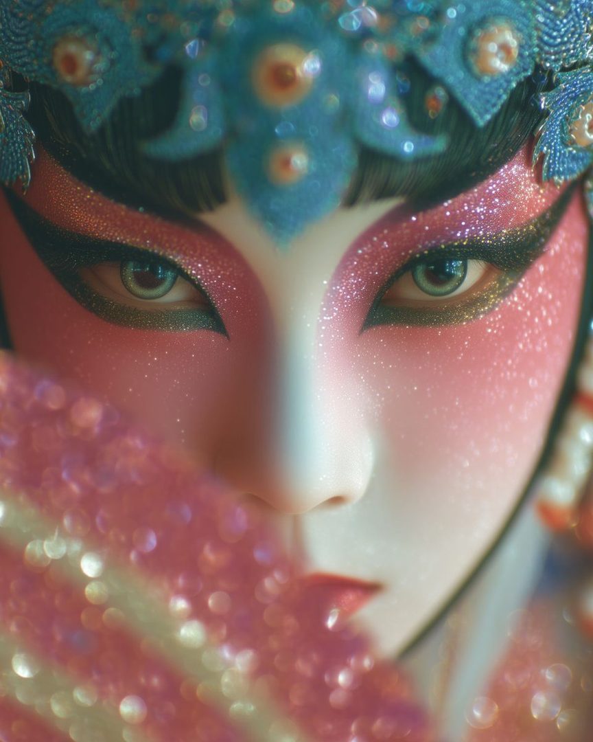 Close-up portrait of a person in elaborate traditional East Asian opera makeup and headdress, with sparkling pink and blue accents.