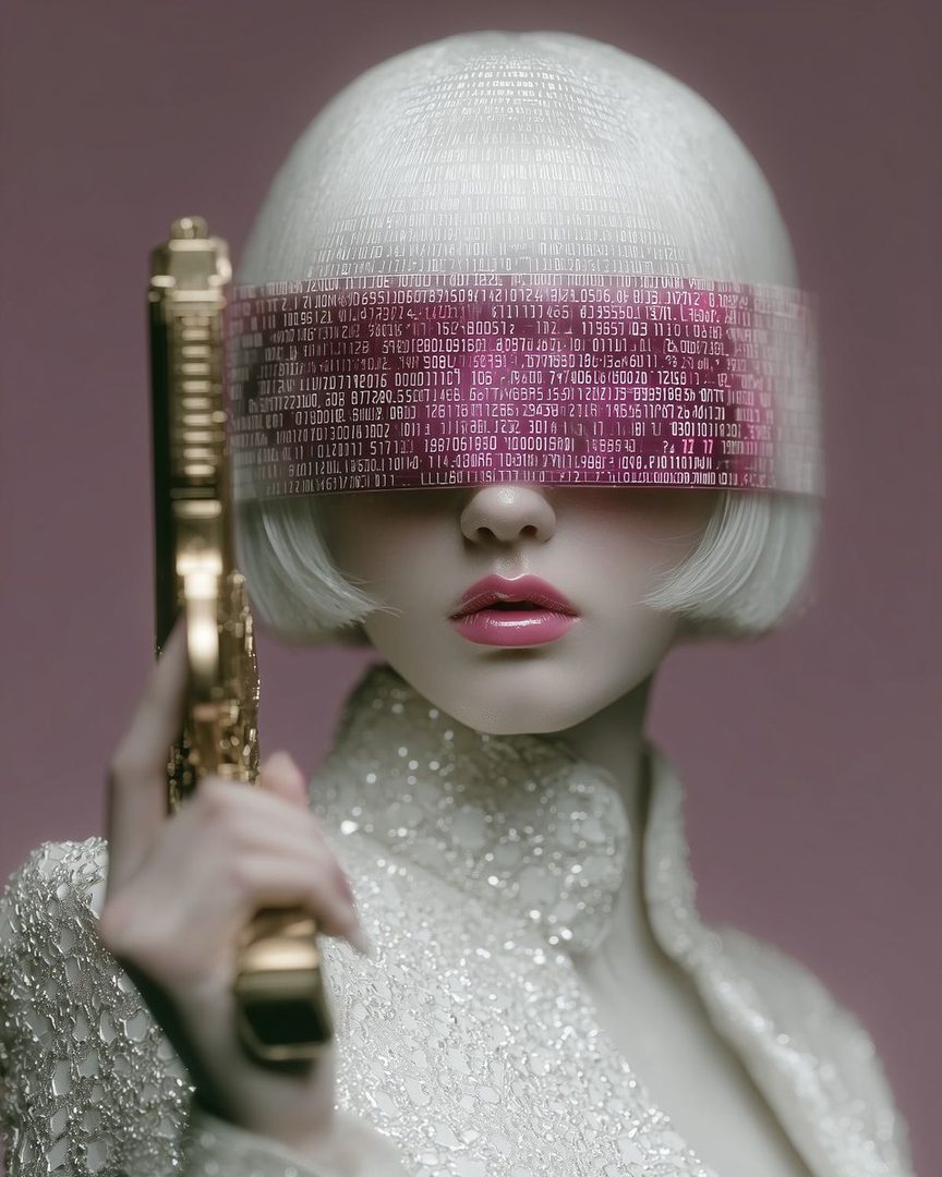 A woman with short white hair and a blindfold made of digital code holds a golden gun, wearing a sparkling white coat.