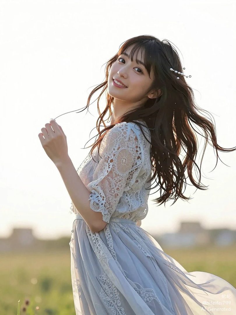 A young woman with long, dark hair and bangs, wearing a white lace dress, smiles gently outdoors in a field.