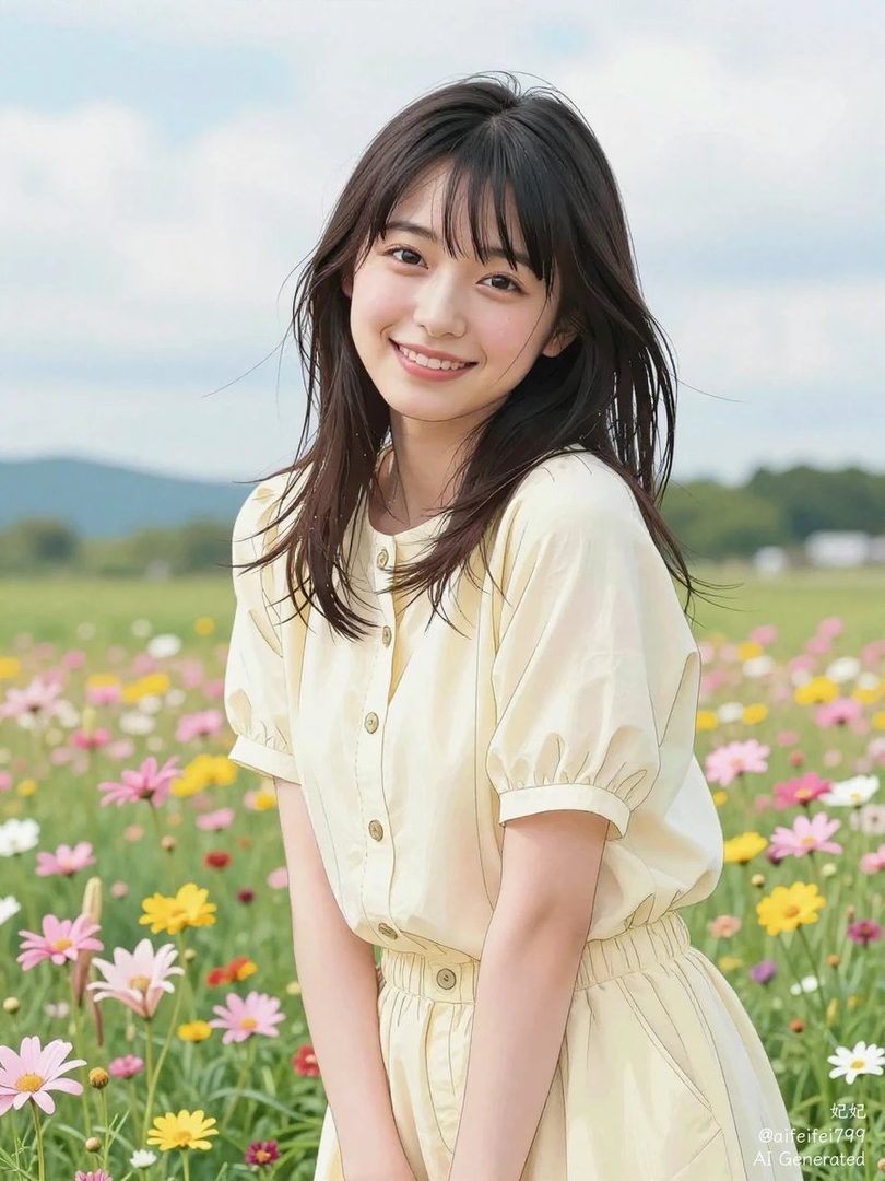 A young woman with long, dark hair and bangs smiles gently while standing in a field of colorful flowers.