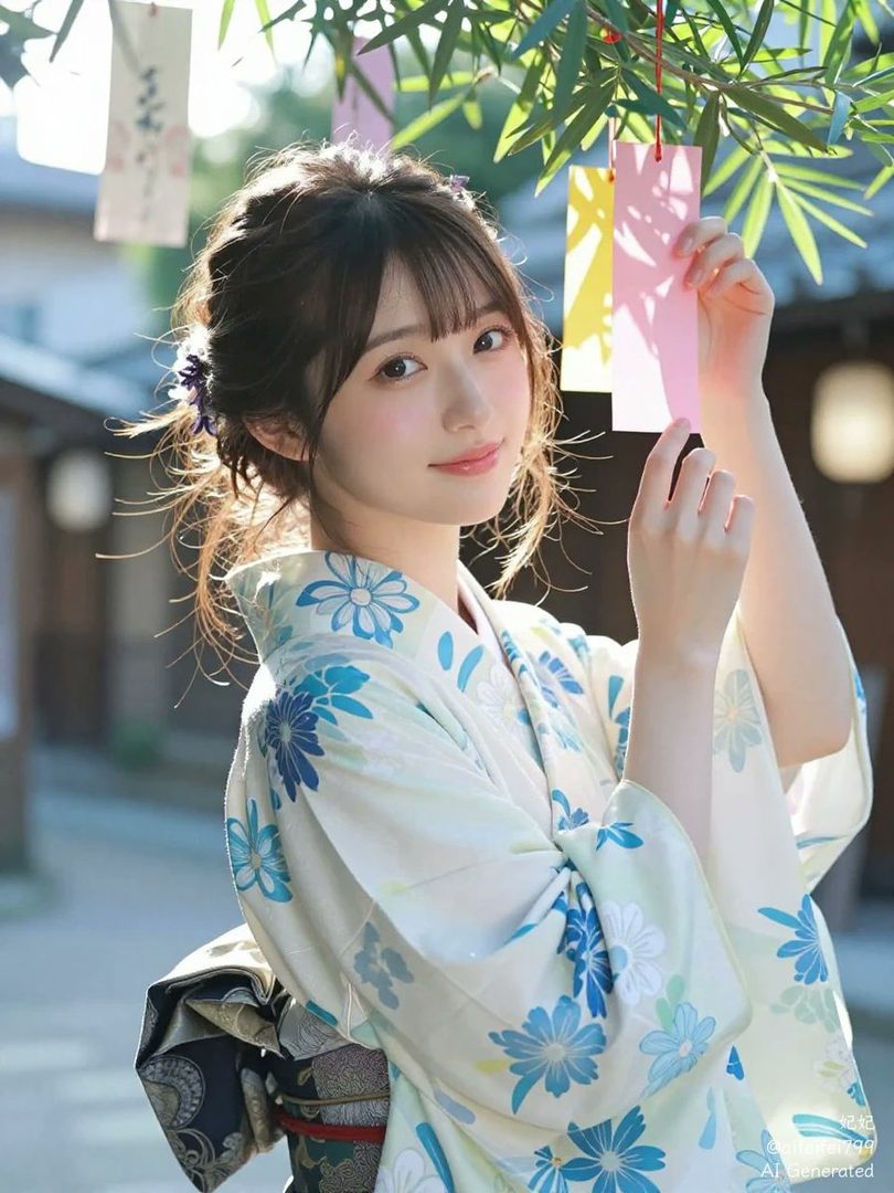 A young woman in a traditional Japanese yukata with a floral pattern, holding a colorful tanzaku during the Tanabata festival.