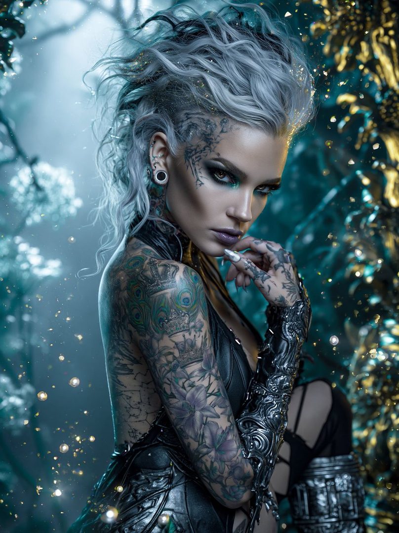 A heavily tattooed woman with striking makeup and silver hair poses in a mystical, dimly lit outdoor setting.