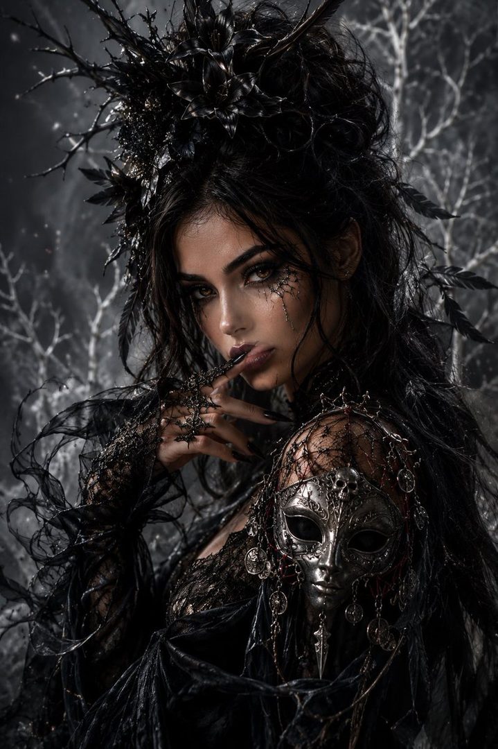 A dark fantasy portrait of a woman with intricate black headwear and a silver mask, posing mysteriously.