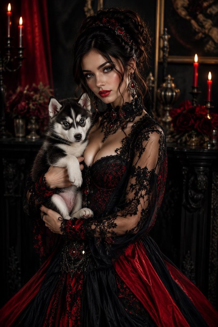 A woman in a gothic-inspired red and black dress holds a husky puppy.