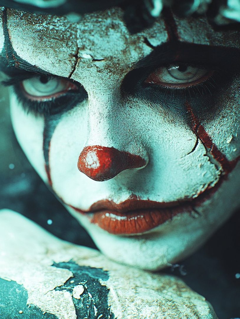 Close-up portrait of a person with cracked white clown makeup, red nose, and dark eye makeup.