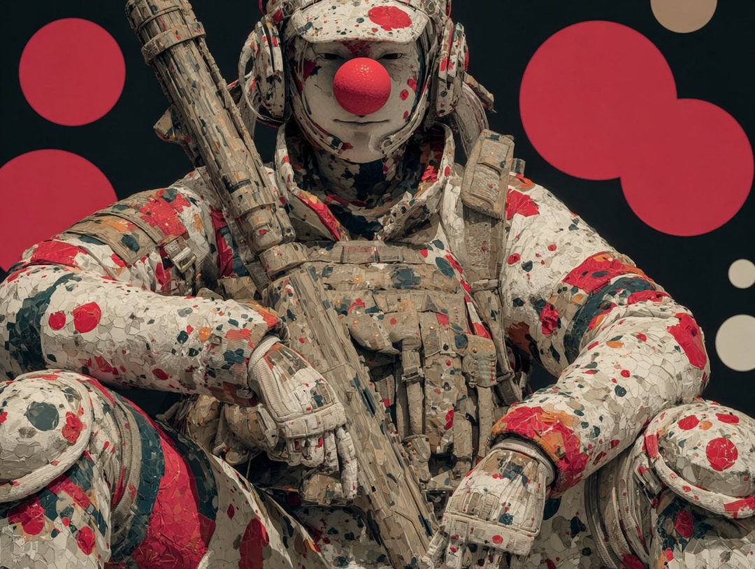 A photorealistic portrait of a person in clown makeup and a camouflage outfit, holding a rifle.