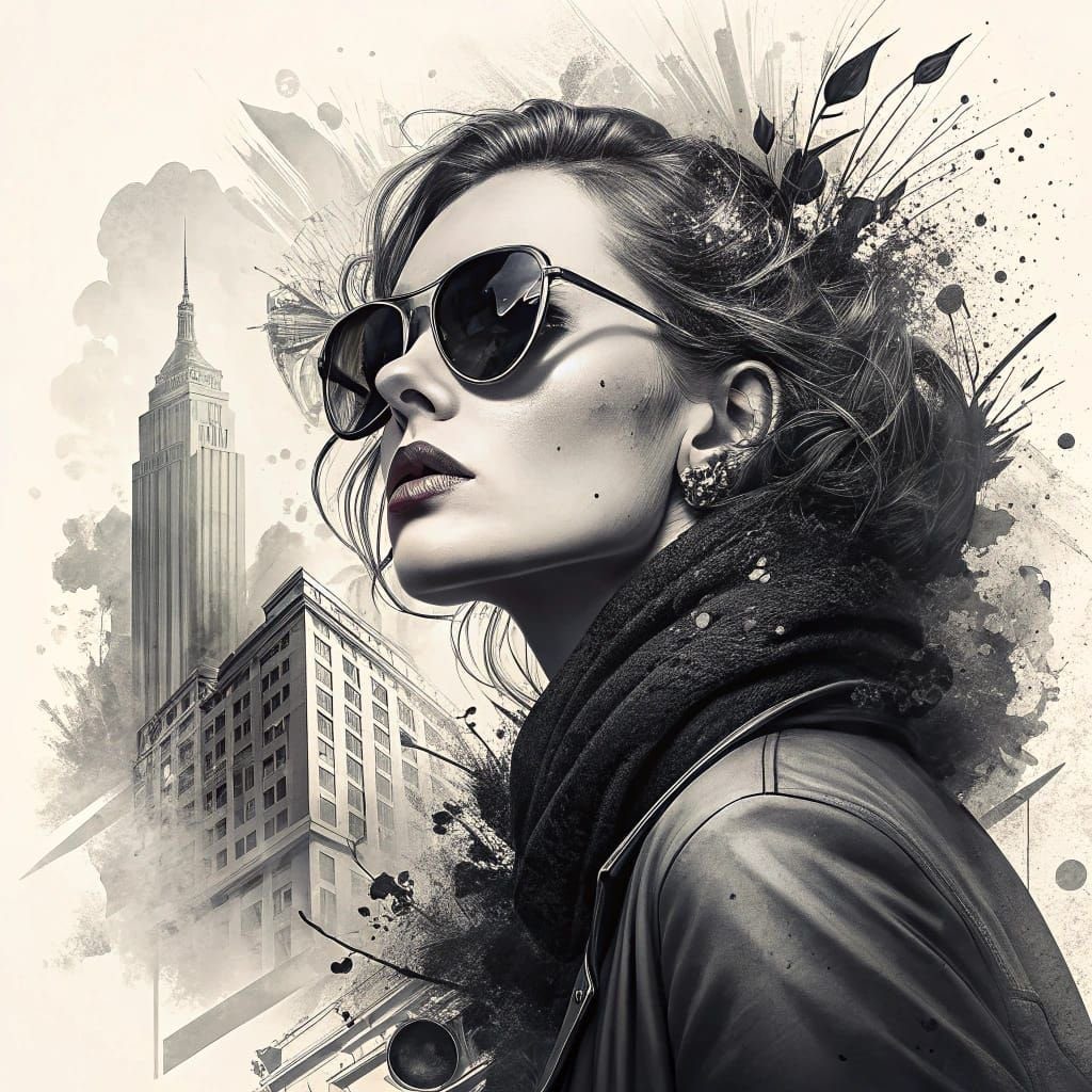 A stylish woman wearing sunglasses and a scarf, with a New York City skyline in the background, rendered in a monochrome artistic style.
