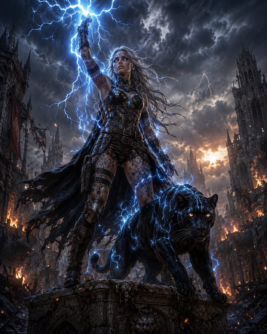 A powerful woman with long blonde hair, adorned in dark, tactical gear, stands defiantly with a black panther at her side, surrounded by a dark, stormy cityscape with lightning striking.