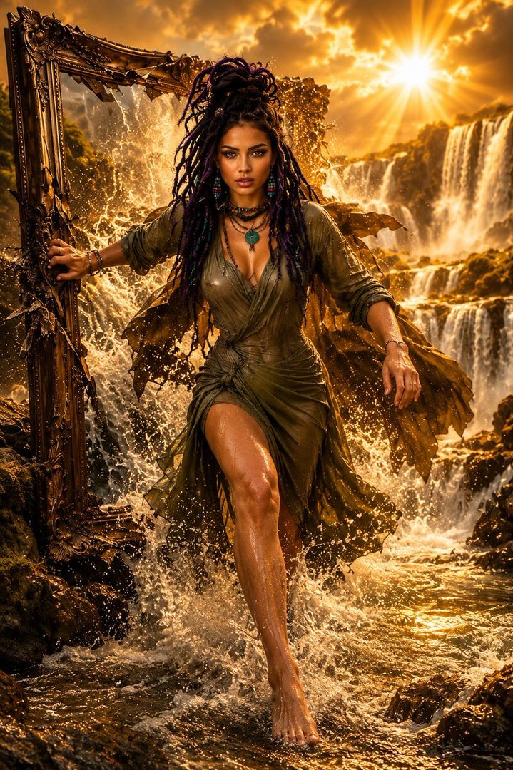 A woman with dreadlocks walks through a waterfall with a golden frame, bathed in sunset light.